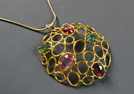 Line V pendant, multi colored tourmalines, 18K gold vermeil